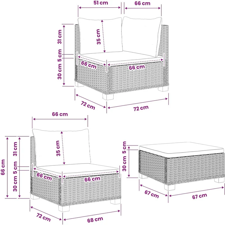 vidaXL 3 Stk. Rattan-Lounge-Set mit Kissen GENDT Naturrattan Kubu Grau 3429877 – Bild 12