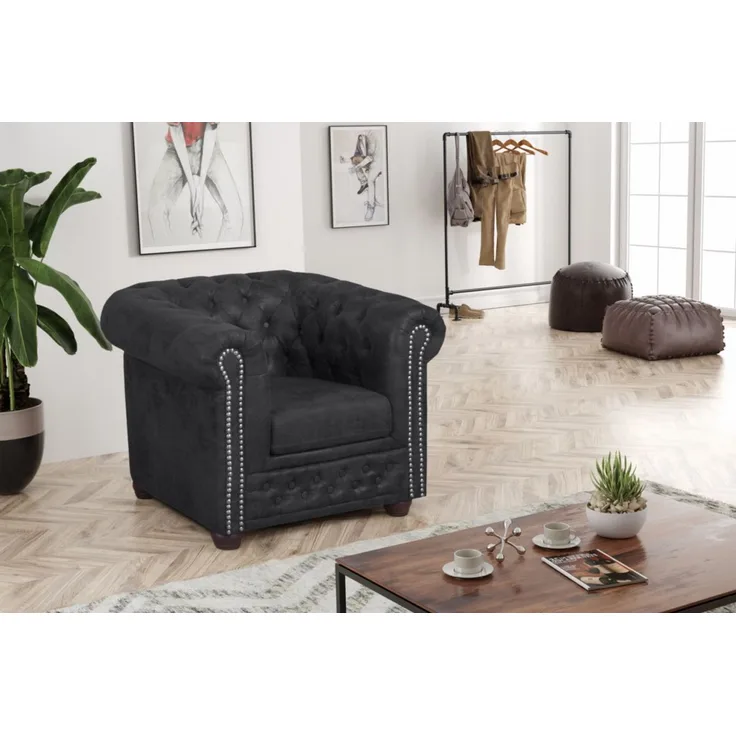 Chesterfield Sessel Mikrofaser Vintage anthrazit