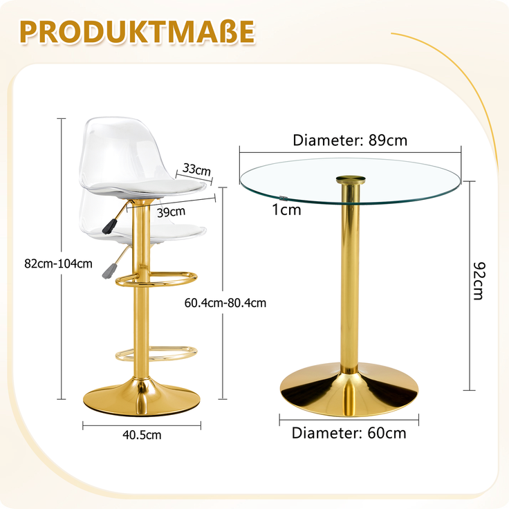 Bartischgruppe mit Glastisch H 92 x T 89 x B 89 cm, transparent und goldfarben, mit 2 höhenverstellbaren Hockern – Bild 4