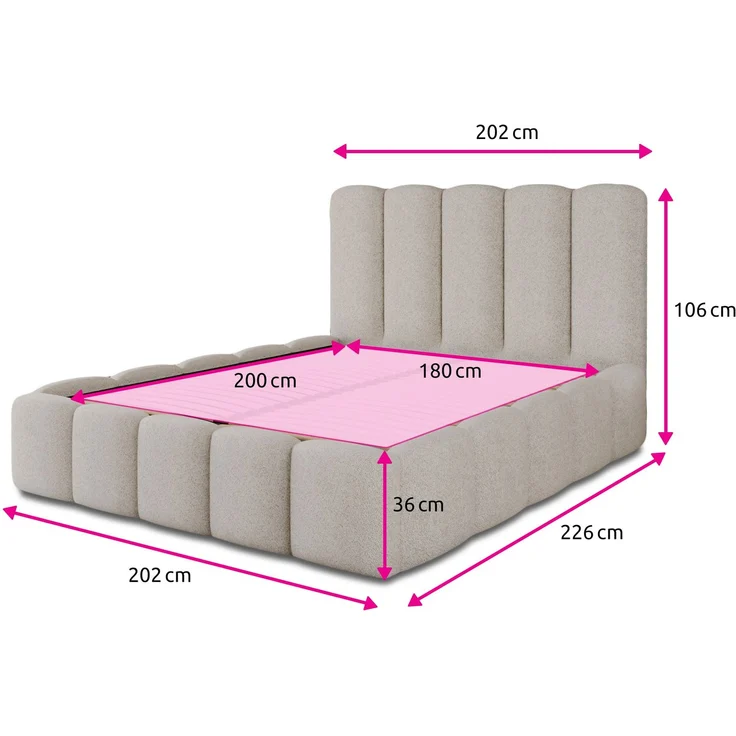 Polsterbett Aura - Bettkasten mit Gasdruckfedern - Doppelbett mit Lattenrost, Bett mit Polsterkopfteil, Bettgestell, Schlafzimmer, Bouclé-Stoff (180 x 200 cm, Weiß (Coral 70)) – Bild 5