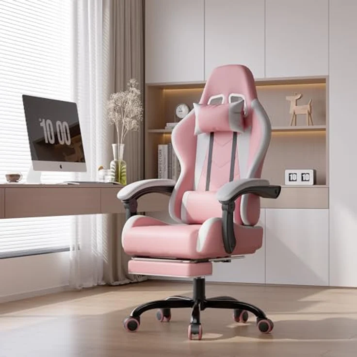 JUMMICO Gaming Stuhl, Bürostuhl Ergonomisch Mit Massagefunktion, Gamer Stuhl verstellbare Rückenlehne 90-135°,und fußstütze, Gamingstuhl 150 kg belastbarkeit, rosa – Bild 2