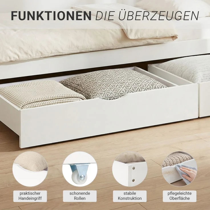 2 Schubläden Bett Bettkästen Auszug Aufbewahrung mit Rollen Holz Weiß Schubkästen – Bild 4