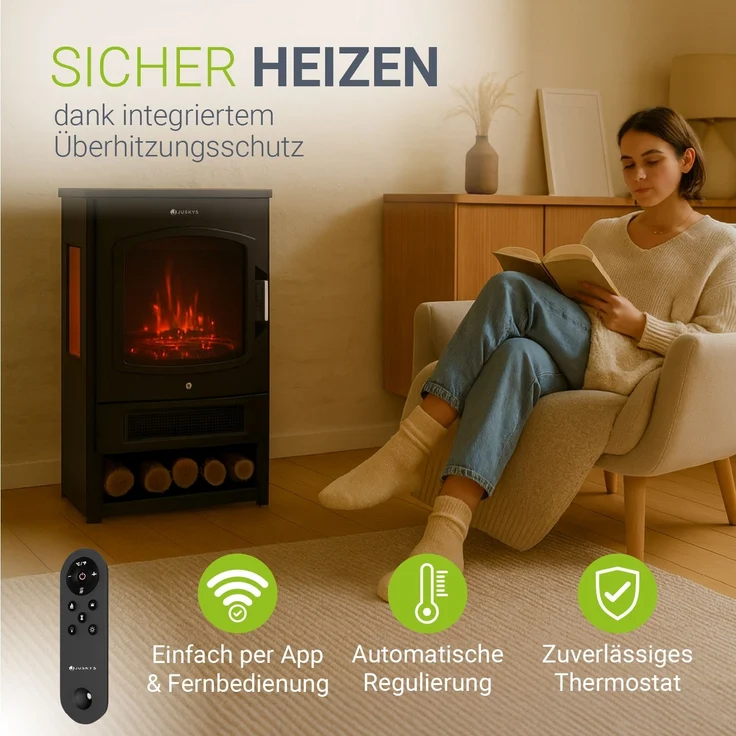 Juskys Elektrokamin 1800W – Schwarz, elektrischer Standkamin mit LED-Flammeneffekt, WLAN/App-Steuerung, Fernbedienung – Bild 6