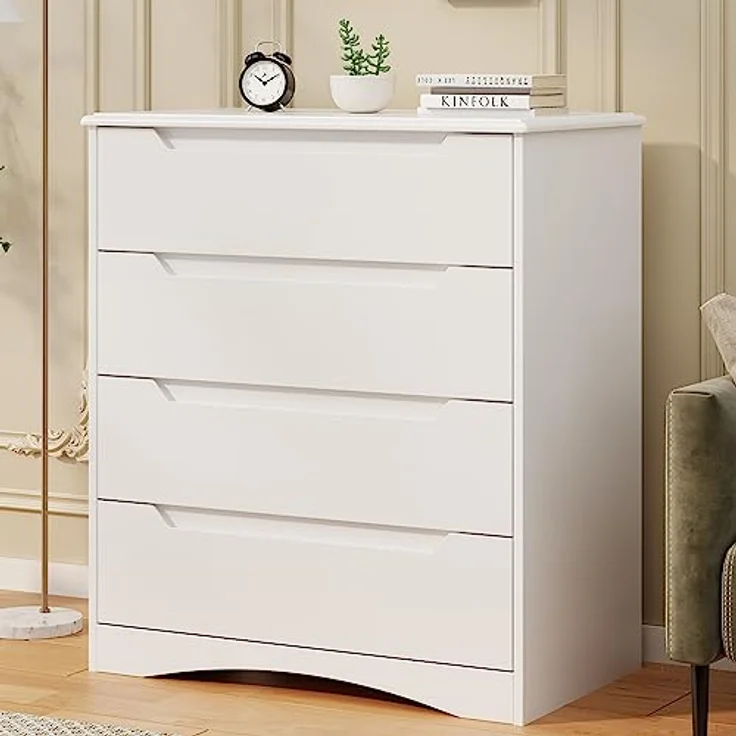 Bealife Kommode Weiß, Schlafzimmer Kommode mit 4 Geräumige Schubladen, Schrank mit Schubladen mit Ausgeschnittenen Griffen und Kippsicherung, Schubladenschrank Ideal für Wohnzimmer, Büro – Bild 5