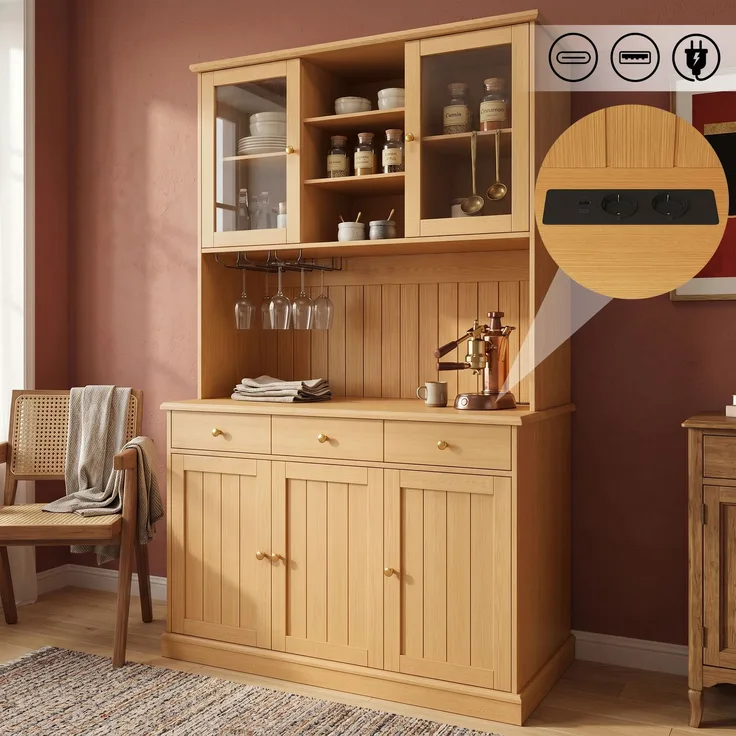 Buffetschränke, Esszimmer-Hochschrank 120×40×191 cm, mit Glastüren, Gläserhalter, mehrstufigem Stauraum, integrierter Steckdose sowie USB-C- und USB-A-Anschlüssen, Naturfarbe
