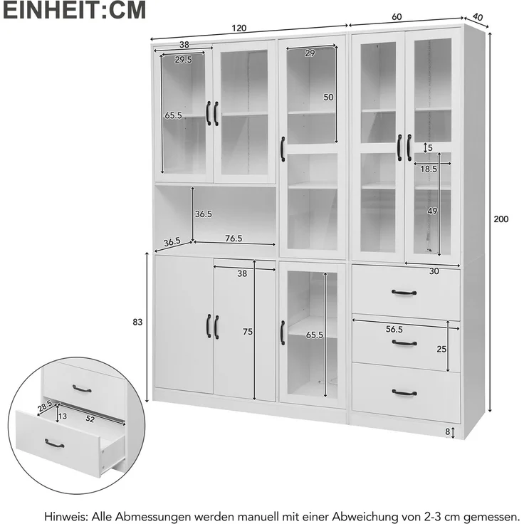 Vitrinenkombination B 180 x T 40 x H 200 cm aus Spanplatte und Glas, weiß, mit LED-Beleuchtung – Bild 6