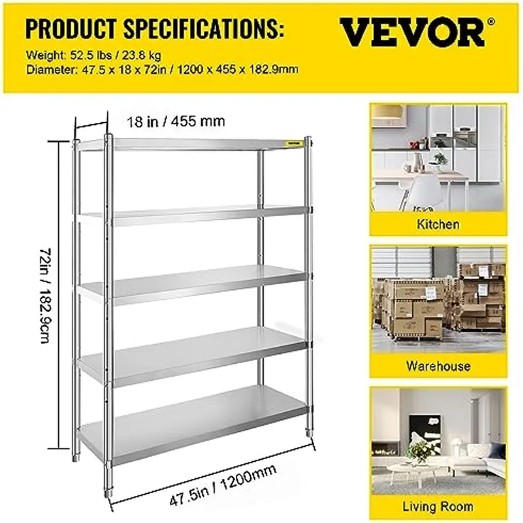 VEVOR Edelstahl-Regal, 122x47 cm, 5 Etagen, verstellbares Regal, Aufbewahrungseinheit, Edelstahl, Schwerlastregal für Küche, Gewerbe, Büro, Garage, Lagerung, 150 kg pro Regal – Bild 3