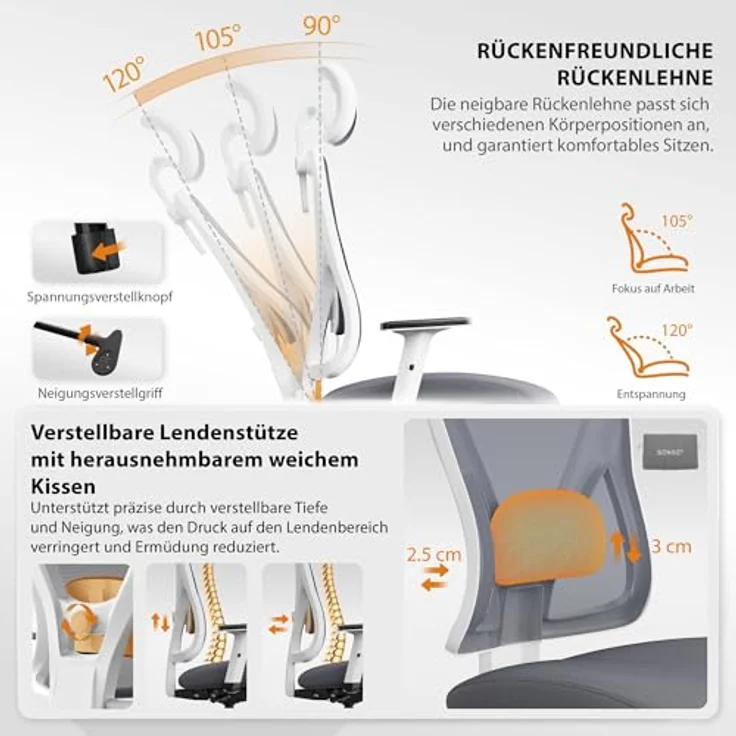 SENSE7 Tone Bürostuhl Ergonomisch, Schreibtischstuhl mit Dynamischer Lordosenstütze, Verstellbarer Kopfstütze, Atmungsaktivem Netzrücken, Komfortabler Office Chair für Büro, Home Office, Gaming – Bild 6