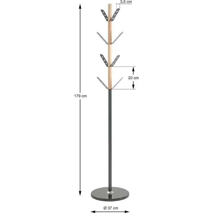 Haku Garderobenständer rund, Stahlrohr mit Buche-Gestell und Marmorfuß, 8 Haken, anthrazit-natur, Ø 37 cm, H 179 cm – Bild 6