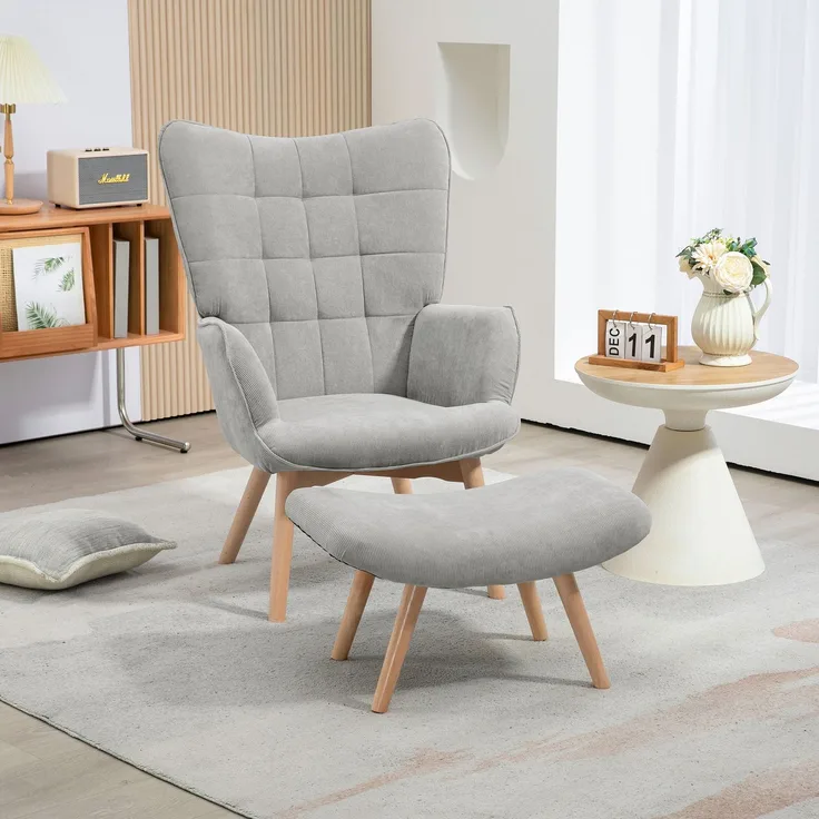 Ohrensessel mit Hocker 72 x 80 x 101 cm – Relaxsessel in Grau mit Holzbeinen und gepolstertem Sitz