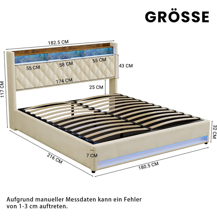 Polsterbett aus Samt mit hochelastischer Polsterung & Lattenrost, ohne Matratze, 180x200 cm, Beige – Bild 6