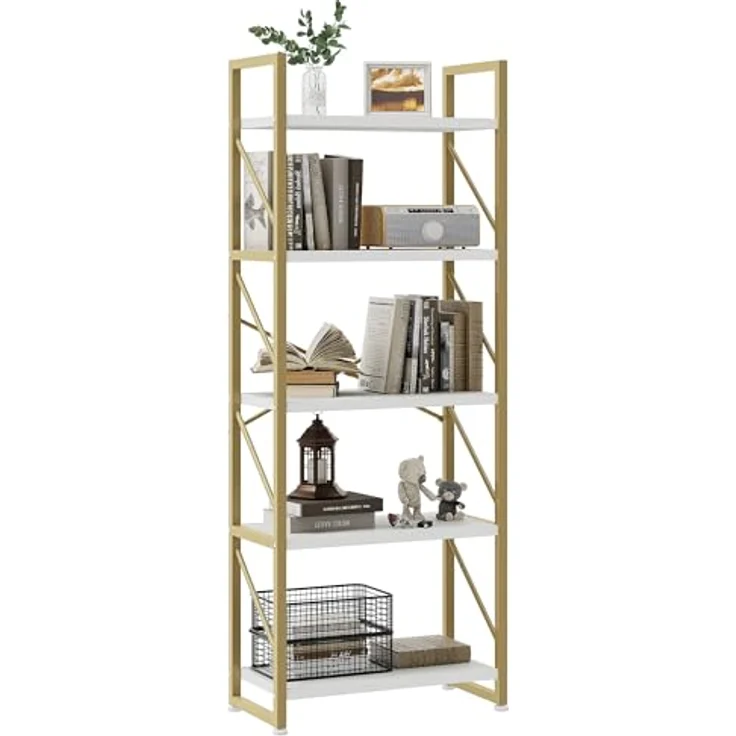 YITAHOME Bücherregal, Standregal mit 5 Ebenen, Hohes Lagerregal mit Metallrahmen, Industrielles Ausstellungsregal, Regaleinheiten, für Wohnzimmer, Schlafzimmer, Homeoffice, Küche, Gold Regal – Bild 8