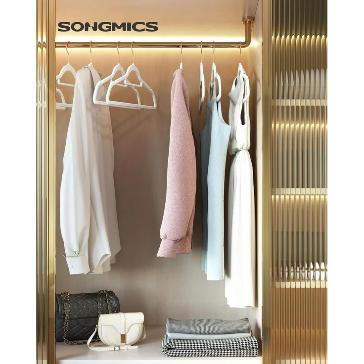 SONGMICS Kleiderbügel Samt, 50er Set, Bügel, rutschfest, kleine Stange für Krawatten, 360° drehbarer Haken, 0,6 cm dick, platzsparend, 43,5 cm lang, für Mäntel, Hosen, Roségold-Weiß CRF021W02 – Bild 2