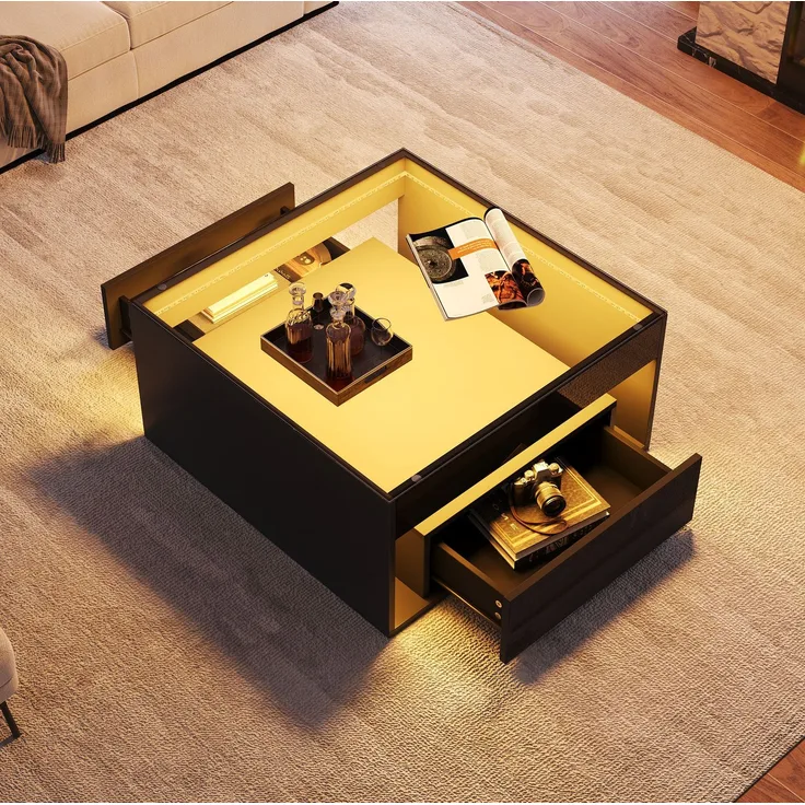 Couchtisch aus MDF und Sicherheitsglas mit LED, 70 x 70 x 35 cm, Schwarz
