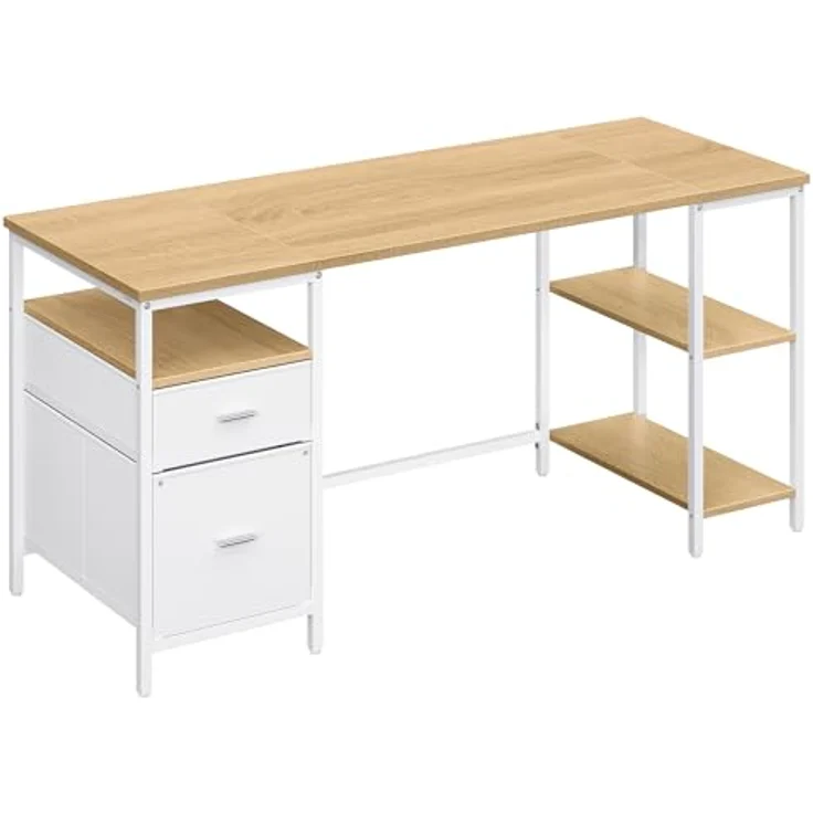 VASAGLE Computertisch, Bürotisch, Schreibtisch, mit 3 Ablagen, 2 Schubladen, 160 x 60 x 76 cm, fürs Büro, Wohnzimmer, moderner Stil, natureichenfarben-wolkenweiß LWD105YD01 – Bild 2