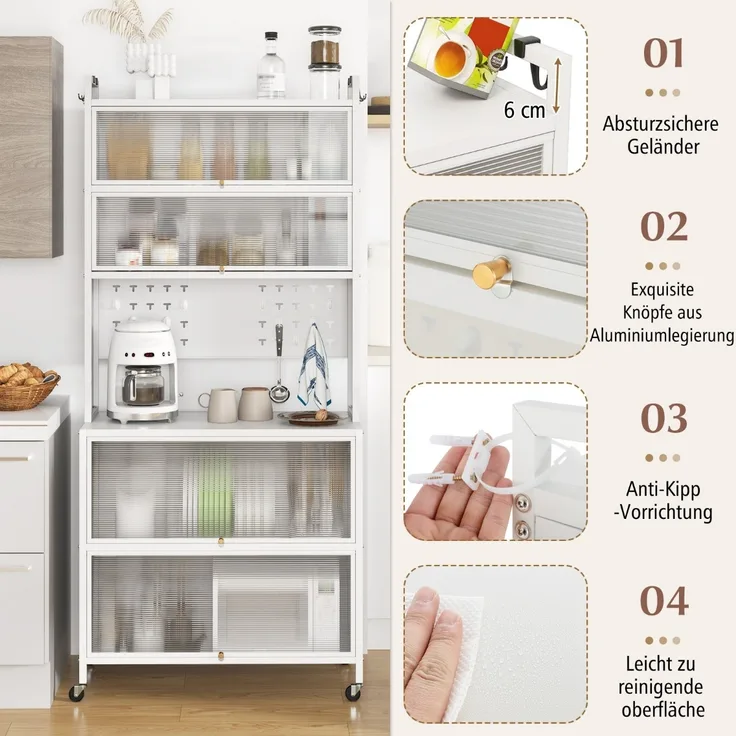 Küchenschrank mit 6 Ebenen Buffet-Schrank mit Regal freistehendes Backregal mit Stauraum Weiß