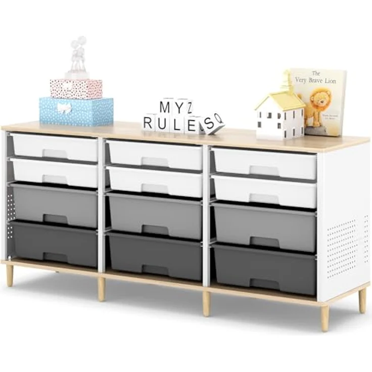 KINGRACK 12 Kommode – Mit Einer Tischplatte aus Holz Multifunktionaler Komodenschrank für Zuhause & Büro, Platzsparendes Design, Einfache Montage (Grau) – Bild 2