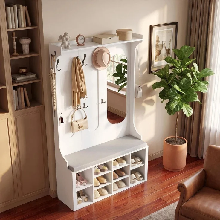 Halupeit Weiße Garderobe für den Eingangsbereich mit Spiegel, Schuhbank und Schuhschrank; Haken; verstellbare Regalböden; 36 × 100,5 × 185,5 cm – Bild 1