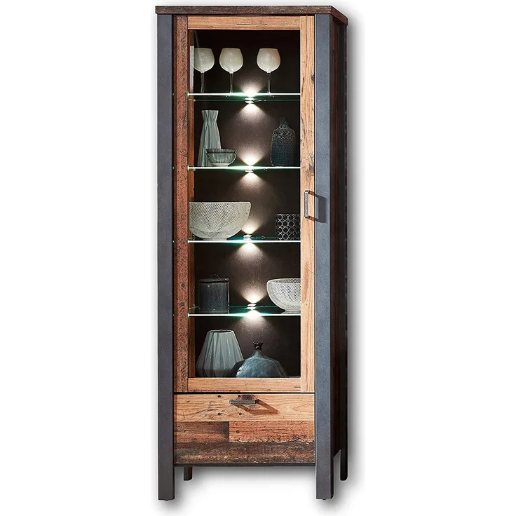 Vitrine CARDIFF 1-türig mit LED Beleuchtung - Vintage Style Mix dark