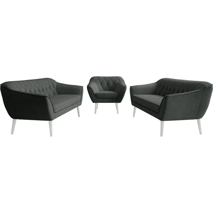 Wohnzimmerset, Möbelset PIRS 3-3-1, Armlehnen, Wellenfederung, weiße Füße, Dreisitzer Sofas mit Sessel, Polstermöbel Set - Dunkelgrau Stukture – Bild 7