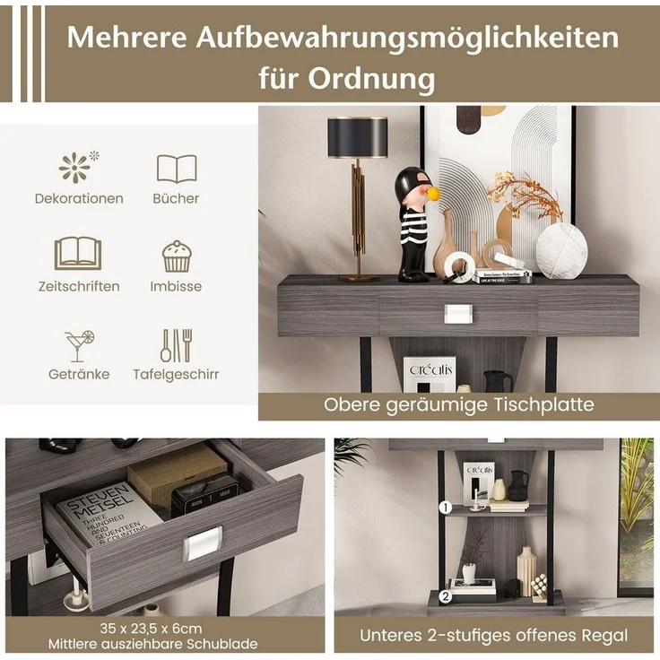 COSTWAY Konsolentisch, Schmal mit Schubladen & Ablagen, Flurtisch Holz – Bild 2