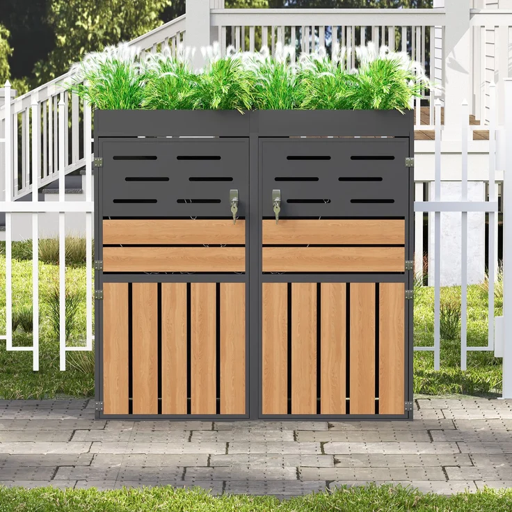 LVHOM Mülltonnenbox 2er mit Pflanzkasten, 2x240 L, Abschließbare Mülltonnenverkleidung aus Stahl für Garten, Anthrazit – Bild 9
