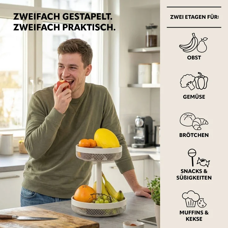 eluno 2-stöckige runde Obstetagere / Brotkorb, Metall, beige, Ø 20 cm und 25 cm – Bild 2