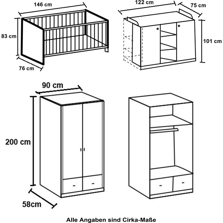 Babyzimmer-Set Kinderzimmer Babybett Wickelkommode Kleiderschrank+Schubl. 90 cm Weiß – Bild 9