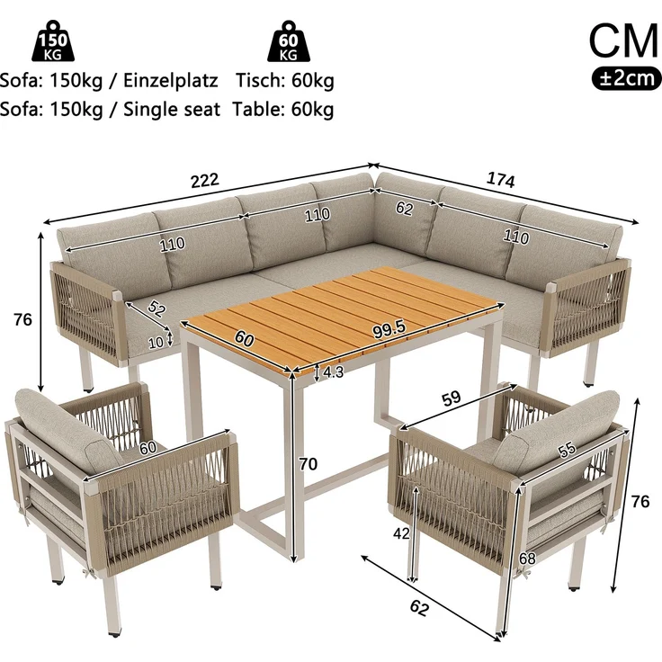 Merax 6-teiliges Gartenlounge-Set, Ecksofa mit 2 Sesseln & Tisch, wetterfestes Stahlgestell, Seilgeflecht-Design, Outdoor Lounge für Balkon & Terrasse, Beige – Bild 4