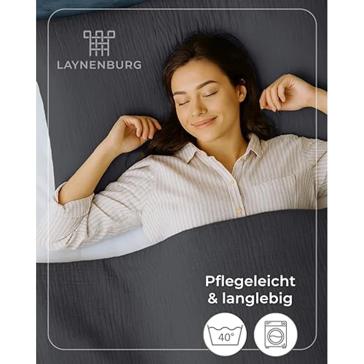Laynenburg Bettwäsche Musselin aus 100% Baumwolle in 135x200 oder 155x220 cm, atmungsaktiv & bügelfrei – 3 lagig mit Reißverschluss & Haltebändern – Bild 8