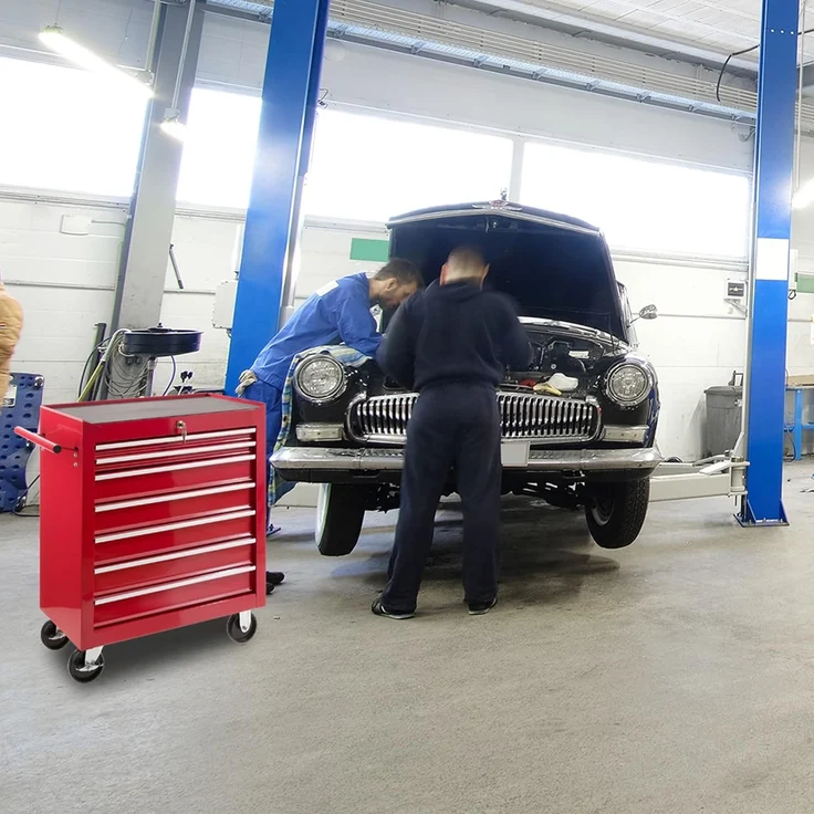 Arebos Werkstattwagen 7 Fächer, zentral abschließbar, inkl. Antirutschmatten, rot, (Werkzeug Rollwagen 7 Fächer) – Bild 2