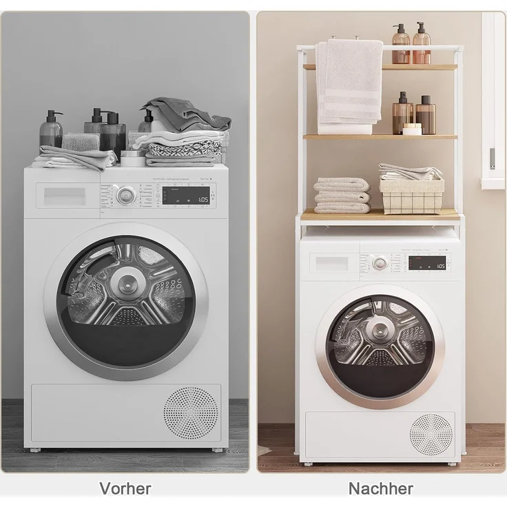 EUGAD Waschmaschinenregal, WC Regal über Waschmaschine Toilette, Waschmaschinenschrank Überbauschrank, Toilettenschrank, 3 Ablagen, Handtuchhalter, Metall Holzwerkstoff, 67 x 162 x 40 cm, Weiß – Bild 6