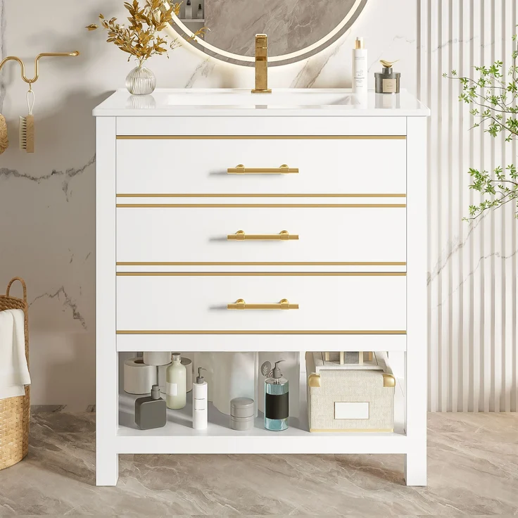 Waschtisch-Unterschrank 76 cm Weißgold mit Keramikbecken 2 Schubladen gold handhaben – Bild 6
