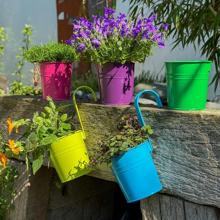 UNUS GARDEN Blumentopf Metall Blumentopf Set 10 teilig bunt Hängetöpfe mit Henkel wetterfest (Blumentöpfe 10er Set bunt hängend), blumentopf hängend, hängetopf balkon, blumentöpfe bunt, kräutertöpfe – Bild 4