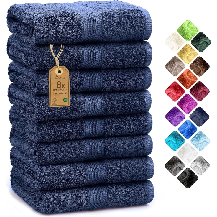 NatureMark 8er Pack Handtücher, 100% Baumwolle, 50x100 cm, Handtuch Set Navyblau