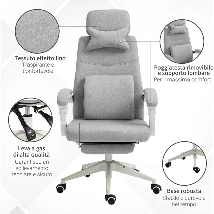 Ergonomischer Bürostuhl, Schreibtischstuhl mit Rollen, Lendenkissen, Kopfstütze und ausziehbarer Fußstütze, grau 62 x 68 x 117–127 cm – Bild 8