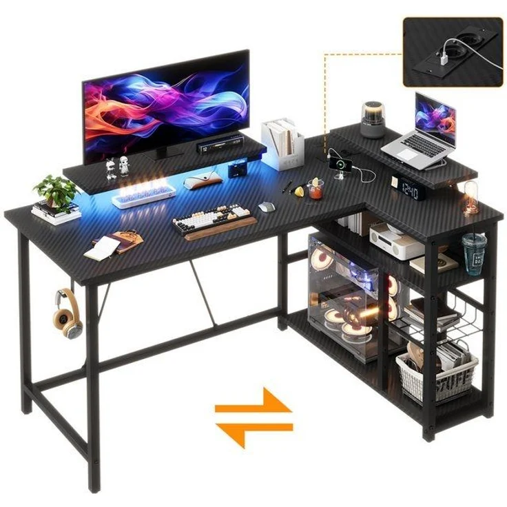 Furnicopia Eckschreibtisch L-förmiger Gaming-Schreibtisch mit Stauraum, Steckdosen und LED (120/140 cm großer Schreibtisch mit zwei Monitorhalterungen, zwei Ablagen, einer verstellbaren Ablage, einem Becherhalter und einem Kopfhörerhalter) – Bild 4
