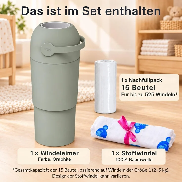 Set Magic Windeleimer, Abfalleimer mit Geruchsstopp, ohne Kassette + Windel | Hygienischer Mülleimer Geruchsdicht für Windeln ohne Kassette, Hygieneeimer für Windelentsorgung, Bad, Kinderzimmer, Küche – Bild 7