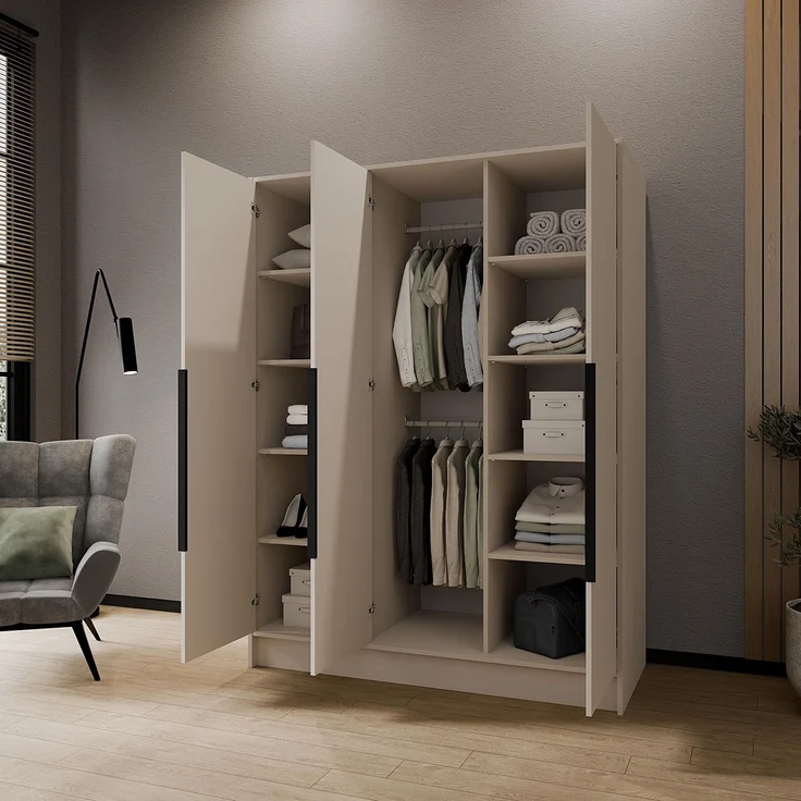 MEBLINI Kleiderschrank LUSINDA 150cm - Kaschmir - mit schwarzen Griffen - Drehtürenschrank mit einem Spiegel - Kleiderstangen und Regalböden – Bild 3