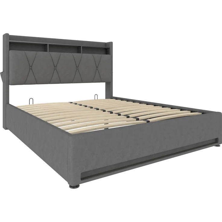 LVHOM Polsterbett 140x200cm mit LED&USB, Doppelbett mit versteckten Stauraum, Stauraumbett mit Lattenrost, Jugendbett mit Bettkasten, Samtstoff, Beige – Bild 2