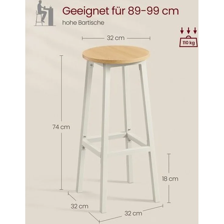 VASAGLE Barhocker, 2er Set, Barstühle, Küchenstühle mit Metallgestell, einfache Montage, 74 cm hoch, mit Fußstütze, für Küche, Wohnzimmer, Esszimmer, goldeichenfarben-weiß – Bild 5