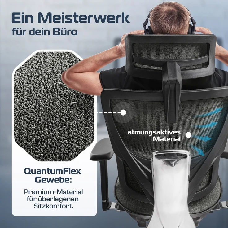 CLOUVOU MasterSeat, ergonomischer Bürostuhl, höhenverstellbare Rückenlehne mit thermoregulativem Bezug, 4D-Armlehnen, 3D-Kopfstütze, Anthrazit – Bild 4