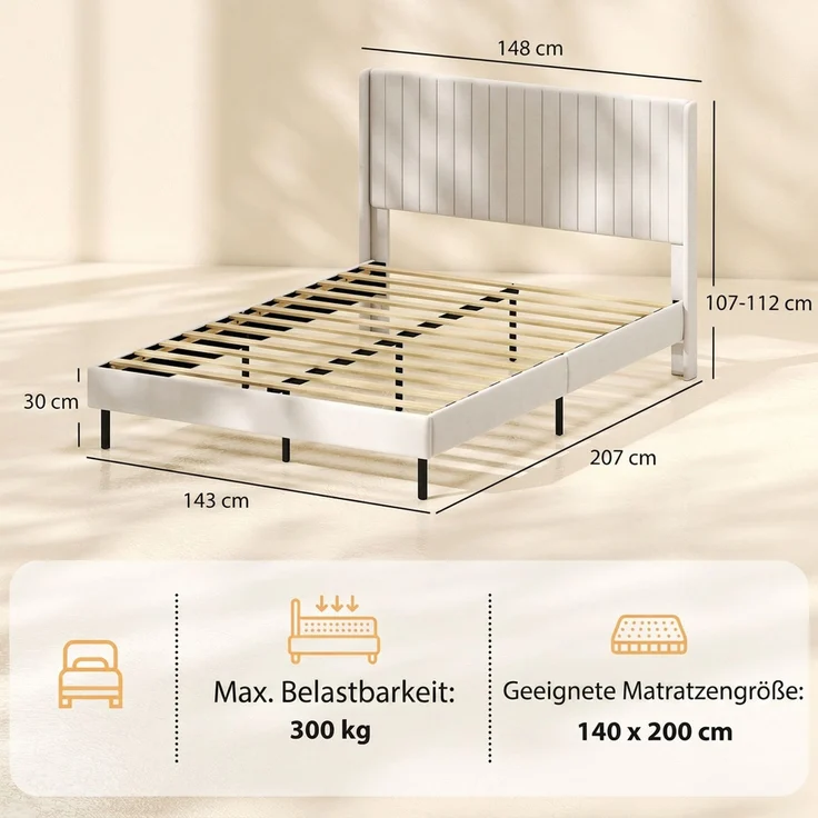HOMCOM Bettgestell, Holland-Samt, Sperrholz, Beige, 207 x 148 x 112 cm – Bild 3