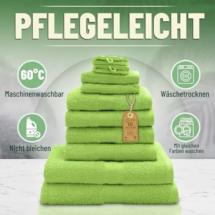 Green Mark Handtuch-Set mit 10 Teilen – 100% Baumwolle – 4 Handtücher 50×100 cm, 2 große Duschtücher 70×140 cm, 2 Gästetücher 30×50 cm und 2 Waschhandschuhe – Apfelgrün – Bild 9