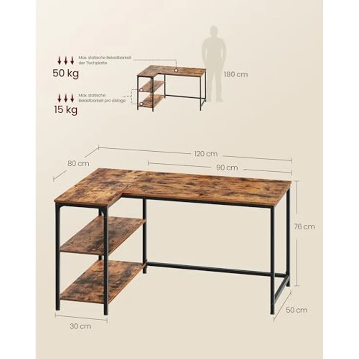 VASAGLE Eckschreibtisch in L-Form, Computertisch mit Stauraum, Bürotisch, höhenverstellbare Ablage, für Homeoffice, 120x80 cm, vintagebraun LWD136KD01 – Bild 4