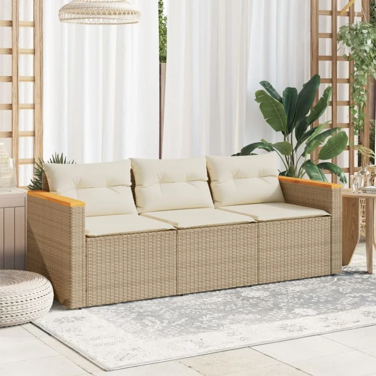 vidaXL Gartensofa mit Kissen 3-Sitzer Beige Poly Rattan 365831 – Bild 7