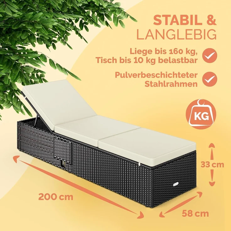 Casaria Gartenliege mit Klapptisch, wetterfest, 7-fach höhenverstellbar, Polyrattan schwarz / creme, 200 x 58 x 33 cm – Bild 2
