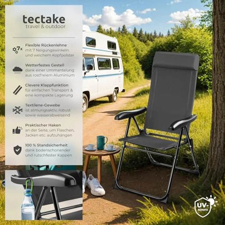 tectake® Essstühle Hochlehner, Gartenmöbel Set, Essstuhl 7-Fach verstellbar, Gartenstuhl, Campingstuhl, Balkon Möbel, Camping Stuhl, Gartenstühle - anthrazit, 2er Set – Bild 4