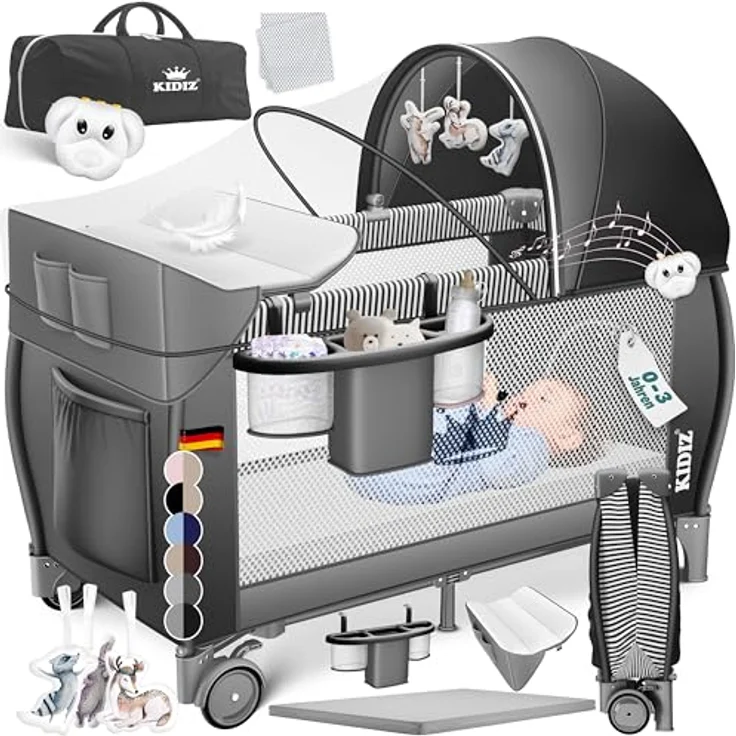 KIDIZ® Babybett Reisebett Kinderreisebett Faltbar mit Matratze 120x60, Seiteneingang, Wickelauflage, Mosktionetz, Spielbogen & Tragetasche Baby Beistellbett Kinderbett ab Geburt bis 15 kg Schwarz – Bild 2