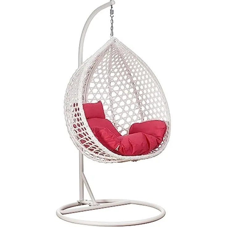Luxus Hängesessel Style XXL Rattan Korb und Gestell Weiss mit Relaxkissen Pink
